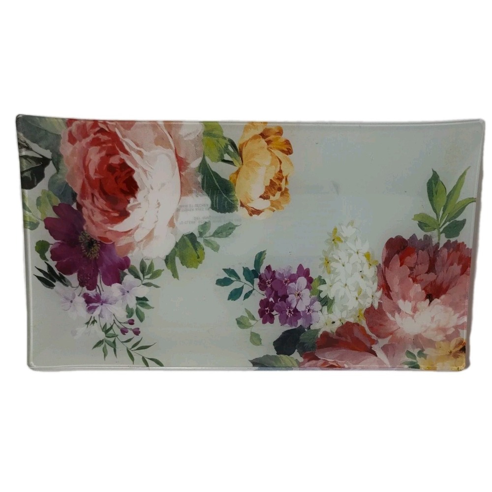 Fringe Studio Floral Rectangle Tray Glass‎ Vanity Trinkets Jewelry 9 x 4.5 In